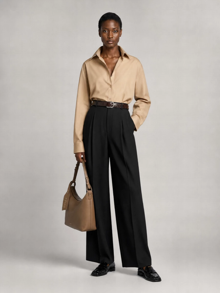 An oversized camel shirt is grounded by long, high-waisted black trousers for a clean, borrowed-from-the-boys silhouette. Sleek black loafers and a taupe leather shoulder bag keep the palette calm and refined, while a dark chocolate belt adds just enough structure and texture at the waist.