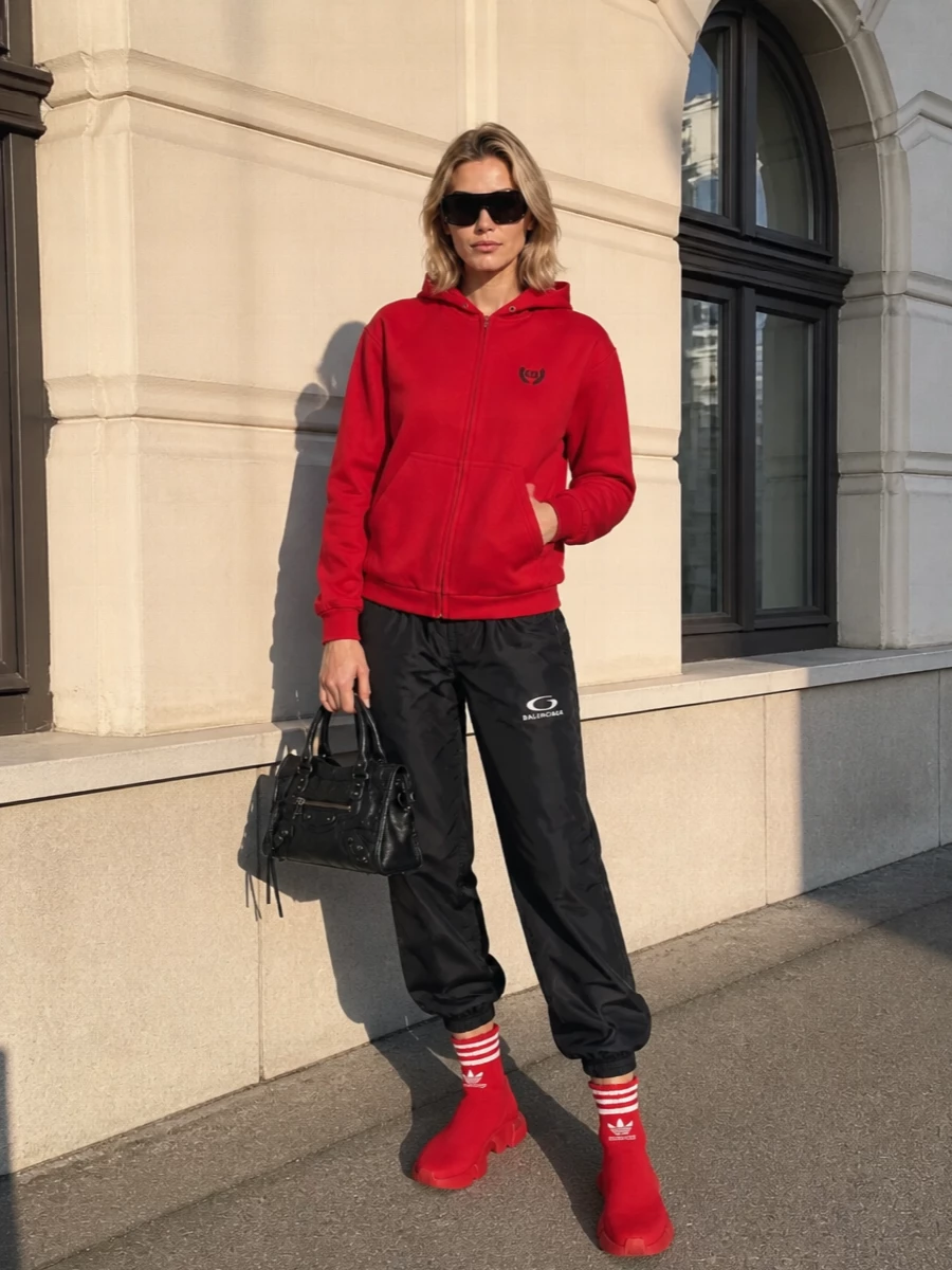 Balenciaga red hoodie black track pants sneakers