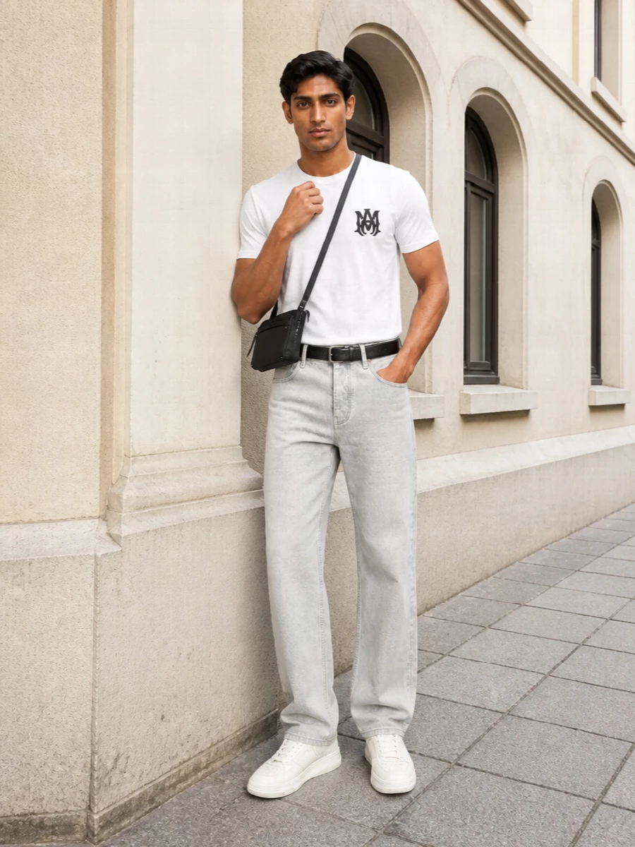 Amiri white tee light grey jeans cream sneakers