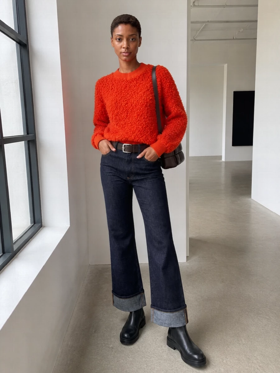 Bottega veneta orange sweater flared jeans