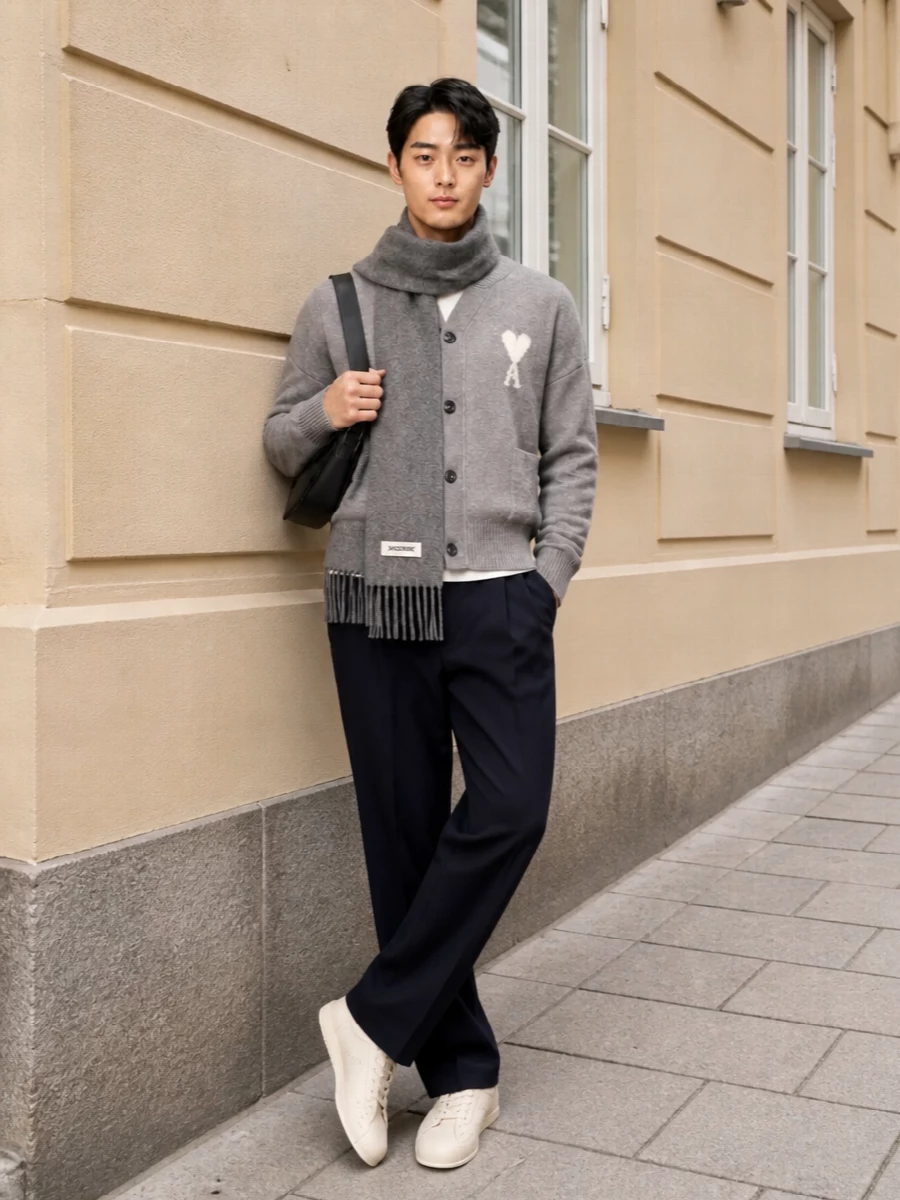 Heather grey and deep navy meet in a pared-back, softly tailored combination that feels polished without stiffness. Cream leather sneakers and a sleek black shoulder bag keep it city focused, while the heather scarf echoes the knit for a calm, cohesive palette. It is relaxed but precise, ideal for days that move from café to casual dinner with nothing more than a shirt change underneath.