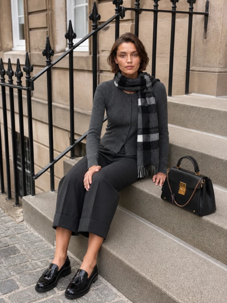 Charcoal on charcoal keeps this Thom Browne story disciplined, with the ribbed cardigan and cropped wide-leg trouser reading like a modern, uniform-inspired suit. Glossy tassel loafers and a structured black top-handle bag bring classic collegiate sharpness, while the monochrome check scarf adds just enough pattern and softness for cold city days. It is a quietly confident way to do tailoring that feels intentional from office hours to gallery evenings.