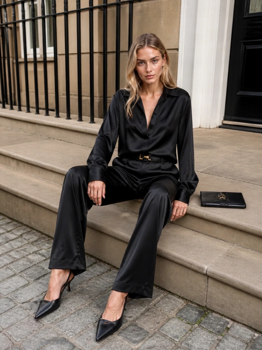 Tom ford black satin shirt wide leg pant outfit