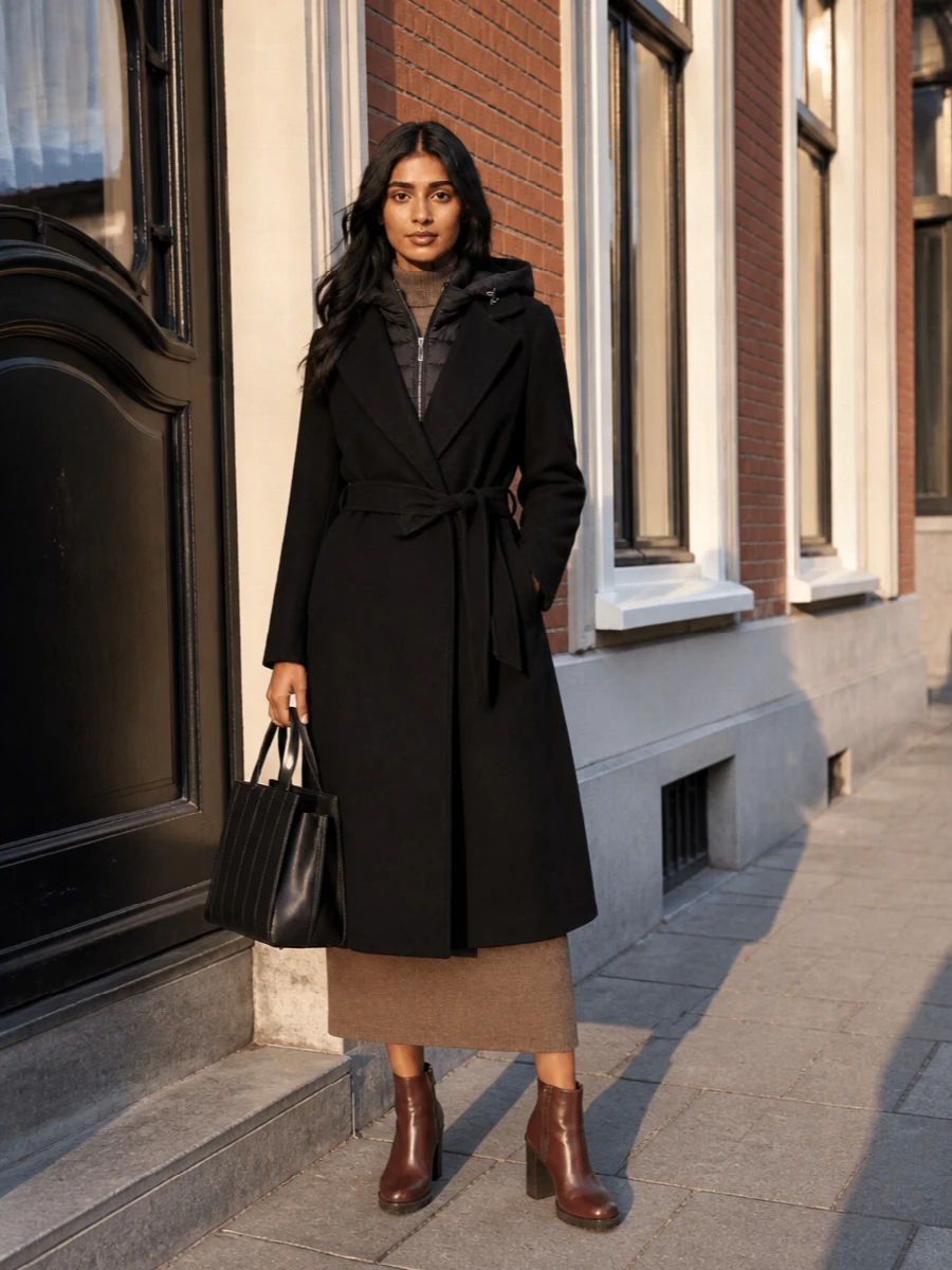 Max mara black coat taupe knit dress outfit