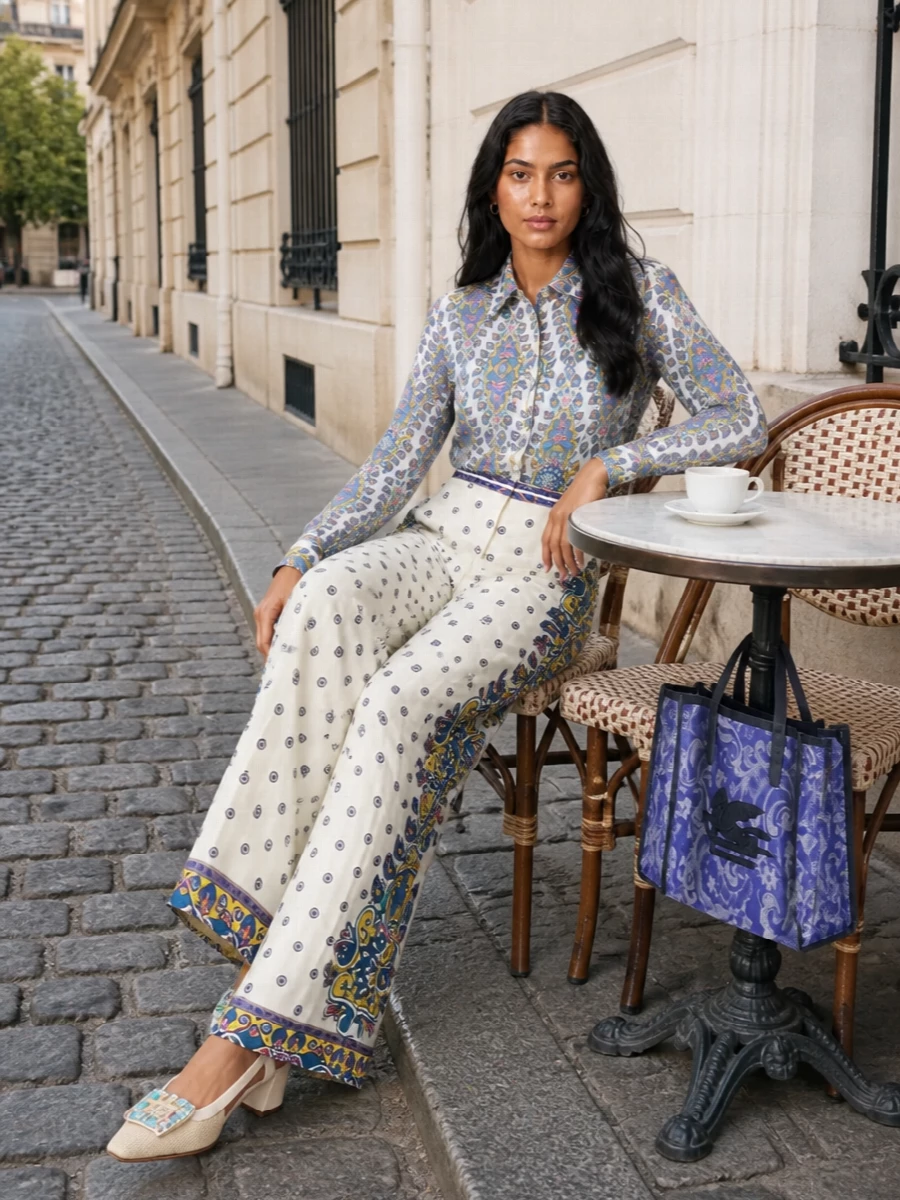 Etro paisley shirt wide leg trousers outfit