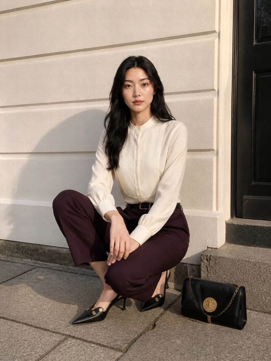 Deep aubergine tailoring meets a buttercream bib-front blouse for a quietly precise take on evening polish. The pointed black slingbacks and sculptural flap bag sharpen the long, high-rise line, while a slim gold-buckled belt delivers just enough definition at the waist. The result is refined and modern, ideal for formal dinners or boardroom evenings that run late.