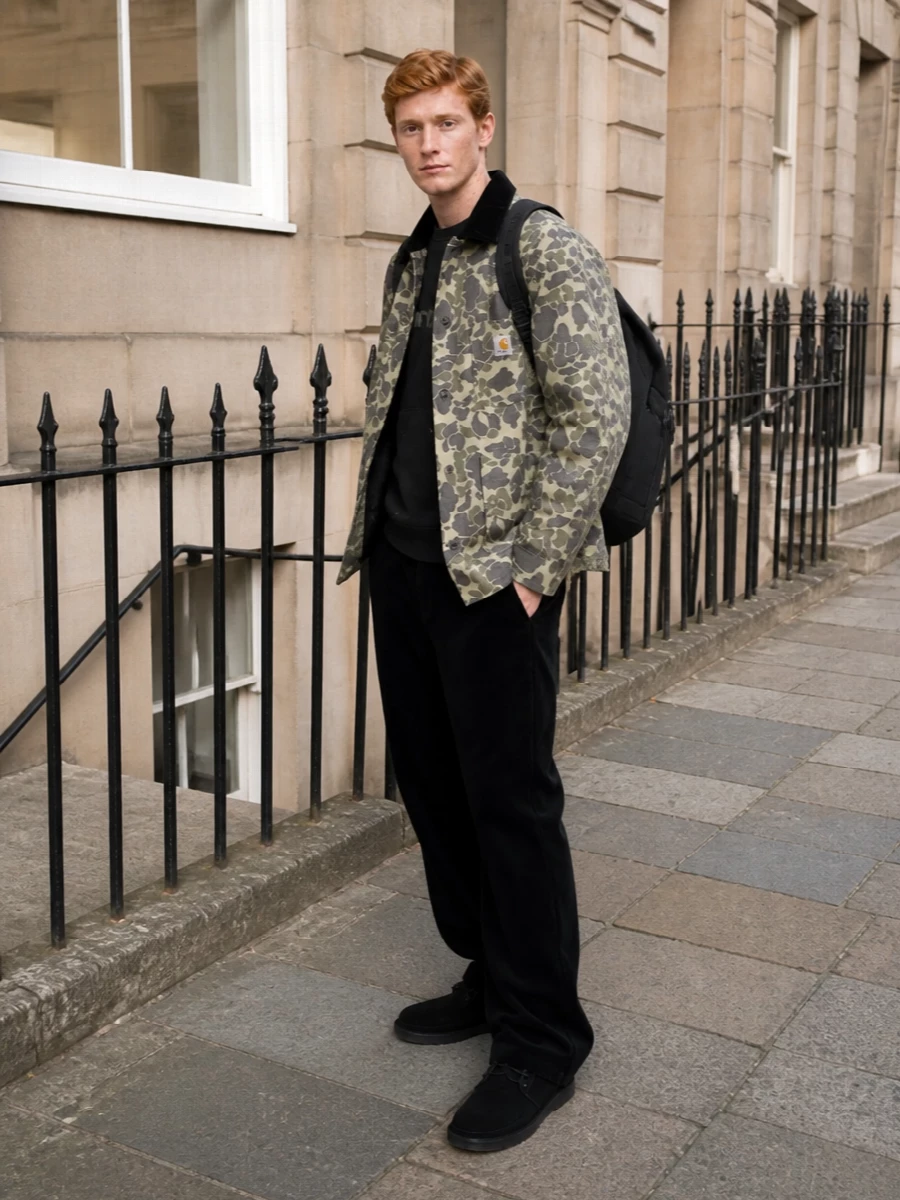 Carhartt wip camo chore jacket streetwear outfit