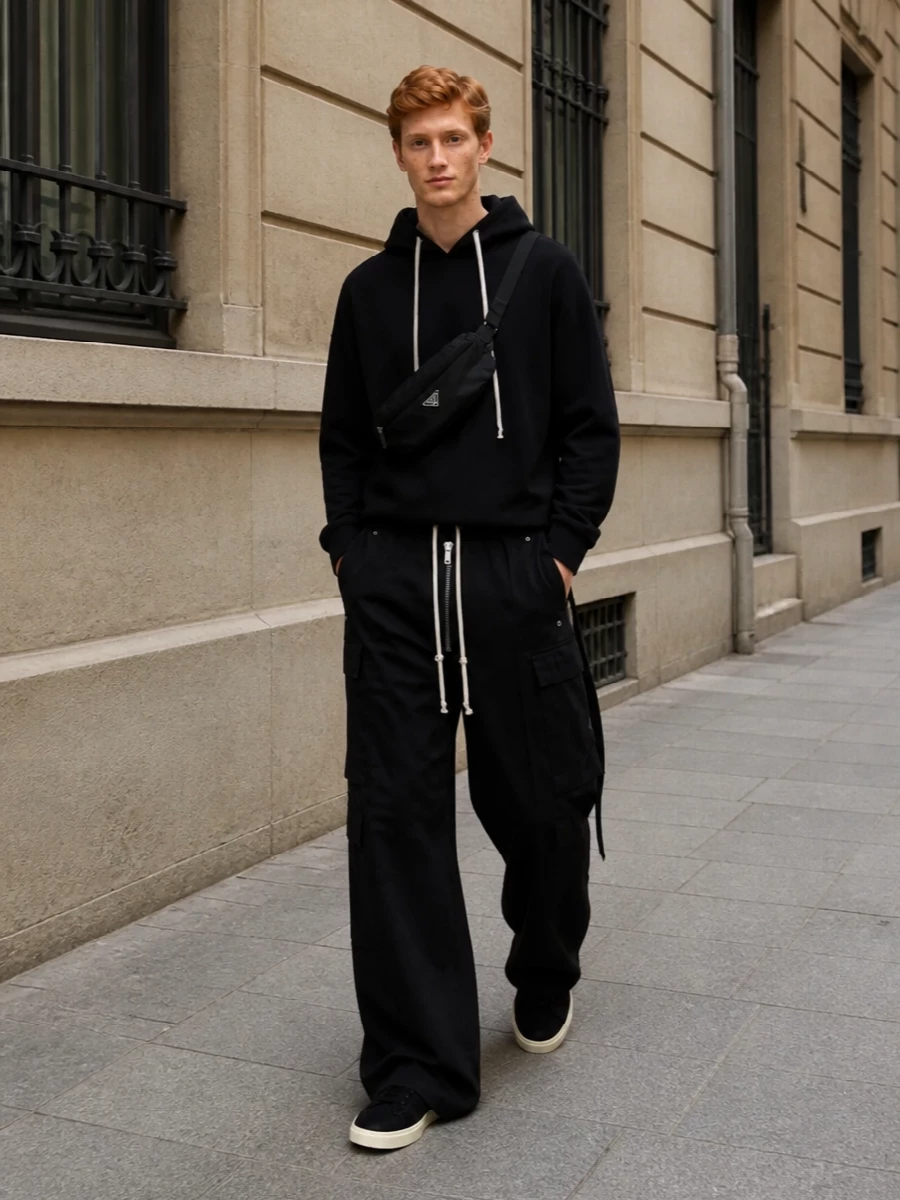 This look leans fully into a dark, dystopian Rick uniform: wide-leg DRKSHDW cargos anchored by the asymmetric black hoodie for a strong, elongated silhouette and quiet movement. Prada’s refined low-tops and compact nylon crossbody sharpen the mood just enough, keeping everything graphic, urban, and resolutely FW-ready without breaking the monochrome tension.