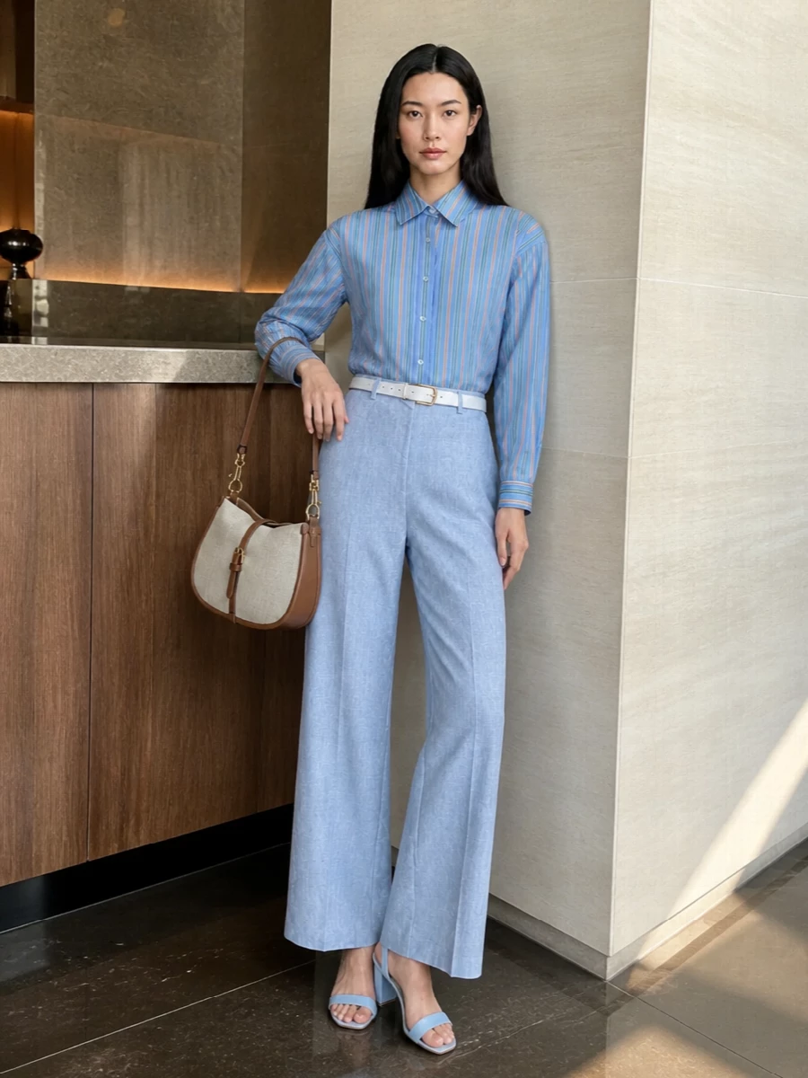 A soft sky-blue story runs through this outfit, from the tailored wide-leg trouser to the striped Etro shirt and light leather accents. The cinched waist and block-heel sandals keep the proportions clean and elongated, while the ecru-and-tan bag adds just enough warmth for daytime polish. It is relaxed in spirit yet precise enough for a creative office or lunch meeting on a bright day.