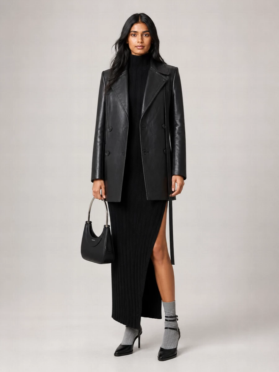 Ann Demeulemeester Leather Fitted Double Breasted Peacoat