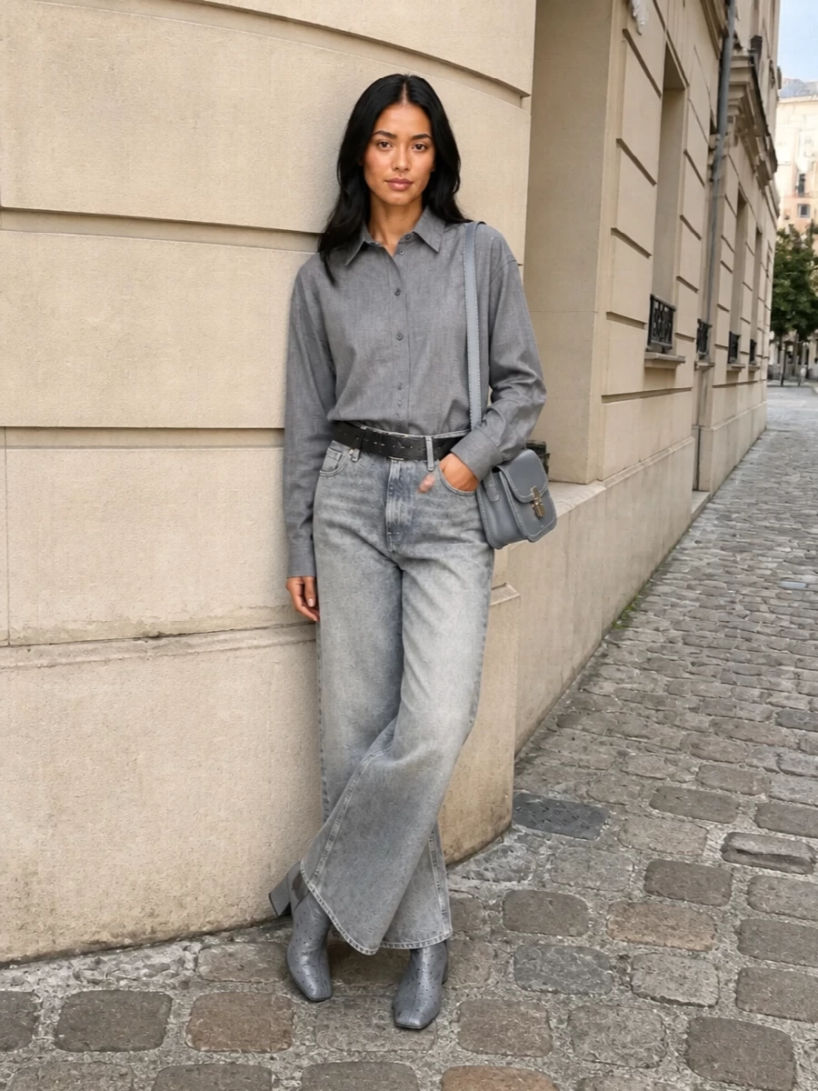 Jacquemus grey shirt wide leg haikure jeans outfit