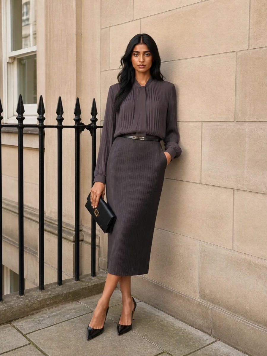 Tom ford pleated pencil skirt silk blouse outfit