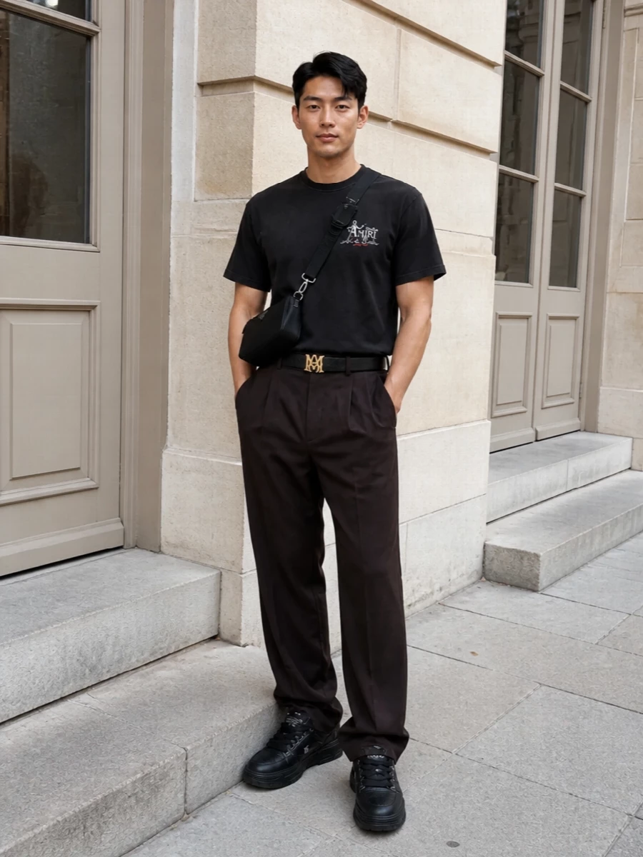 Amiri tee brown trouser black prada bag