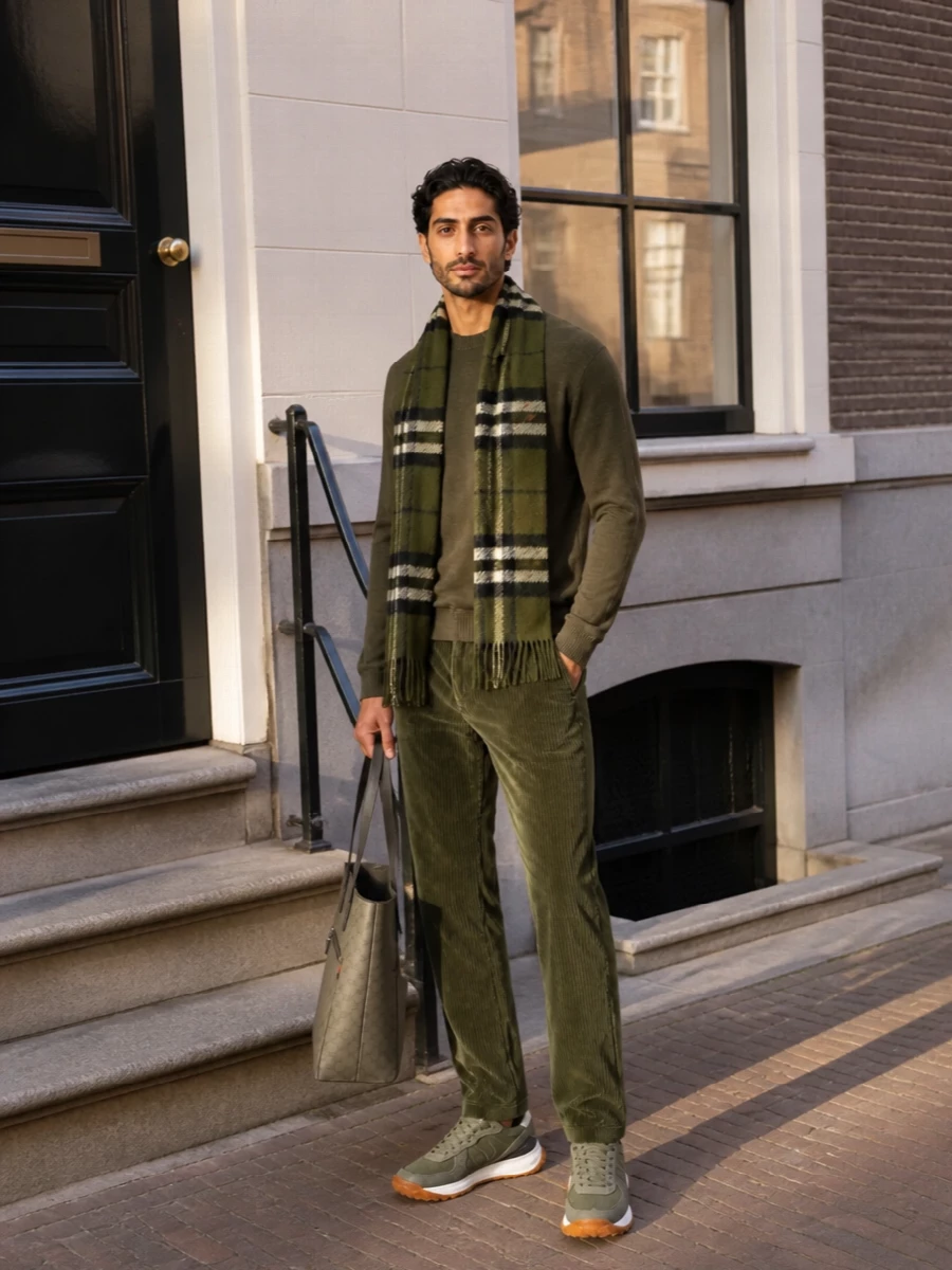 Moncler olive corduroy trouser outfit