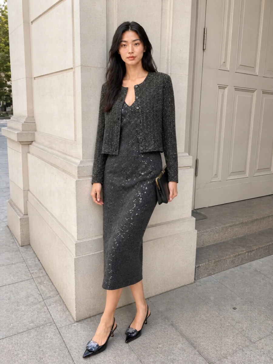 This is a charcoal-on-charcoal evening story, where Jil Sander’s sequin midi and the Dior cardigan read like a considered twinset rather than separate statements. The kitten-heel slingbacks and sharp black clutch keep the mood polished and modern, letting texture and light-play do all the work. It is cocktail-ready, city-specific and quietly dramatic without ever tipping into excess.