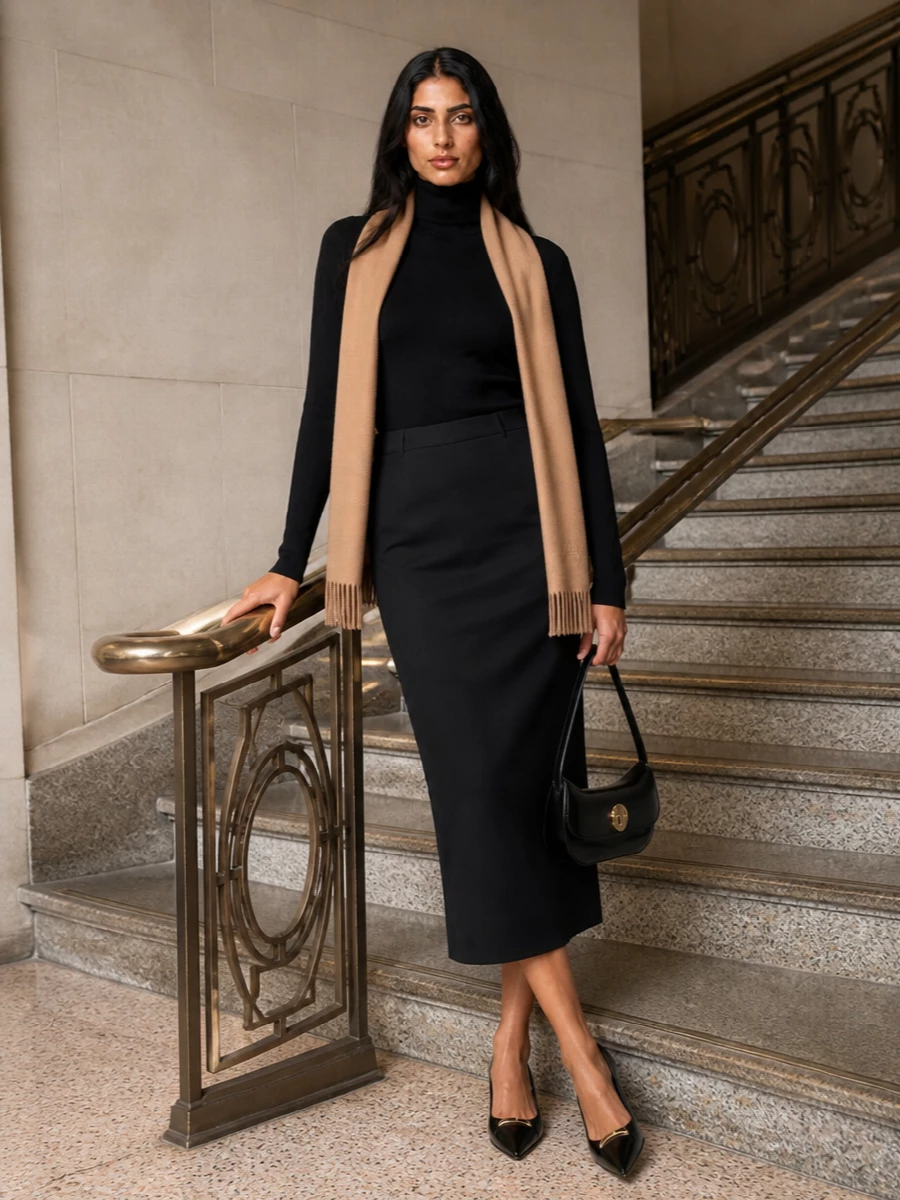 Max mara turtleneck black pencil skirt outfit