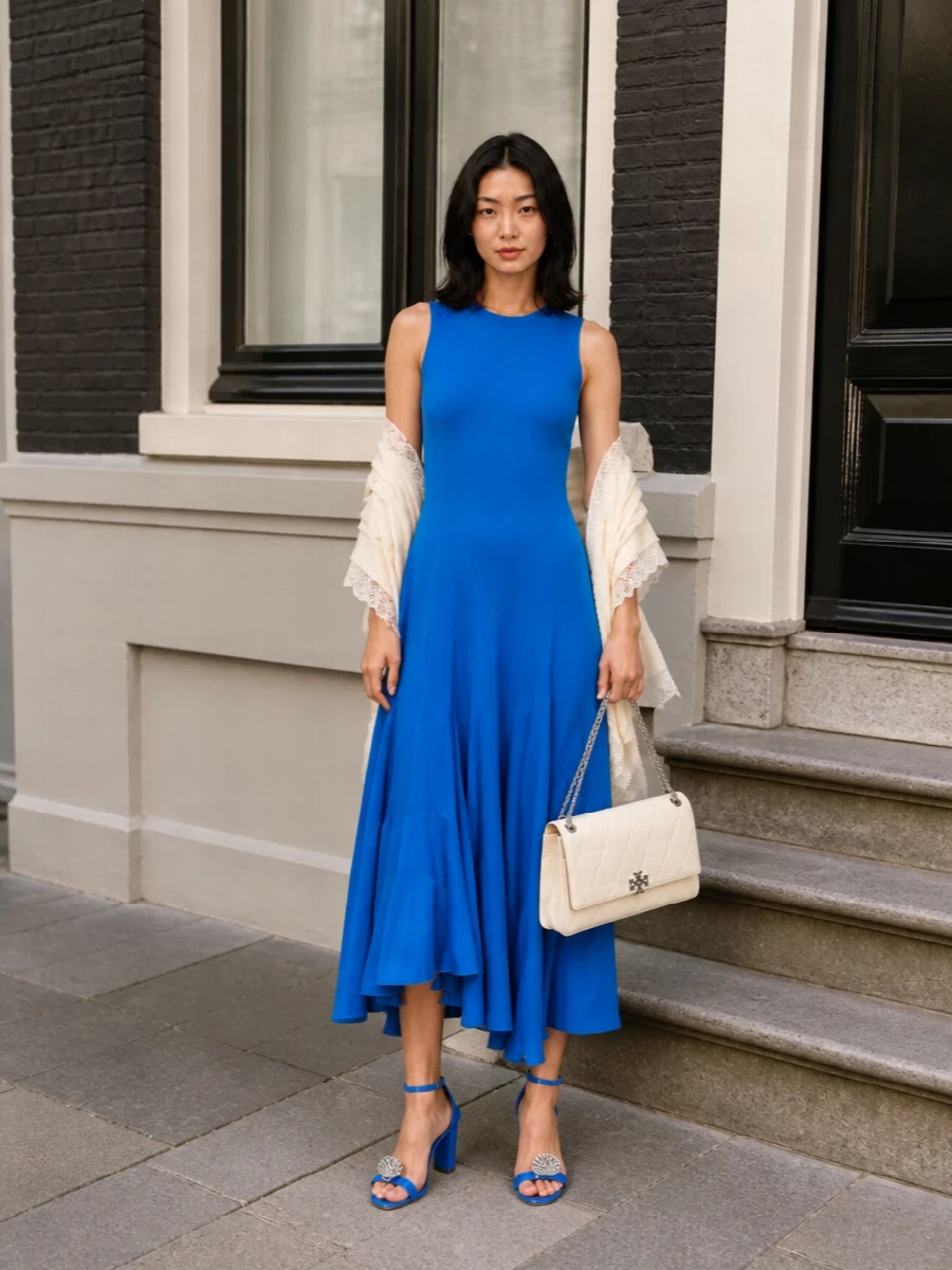 Tory burch cobalt midi dress manolo sandals