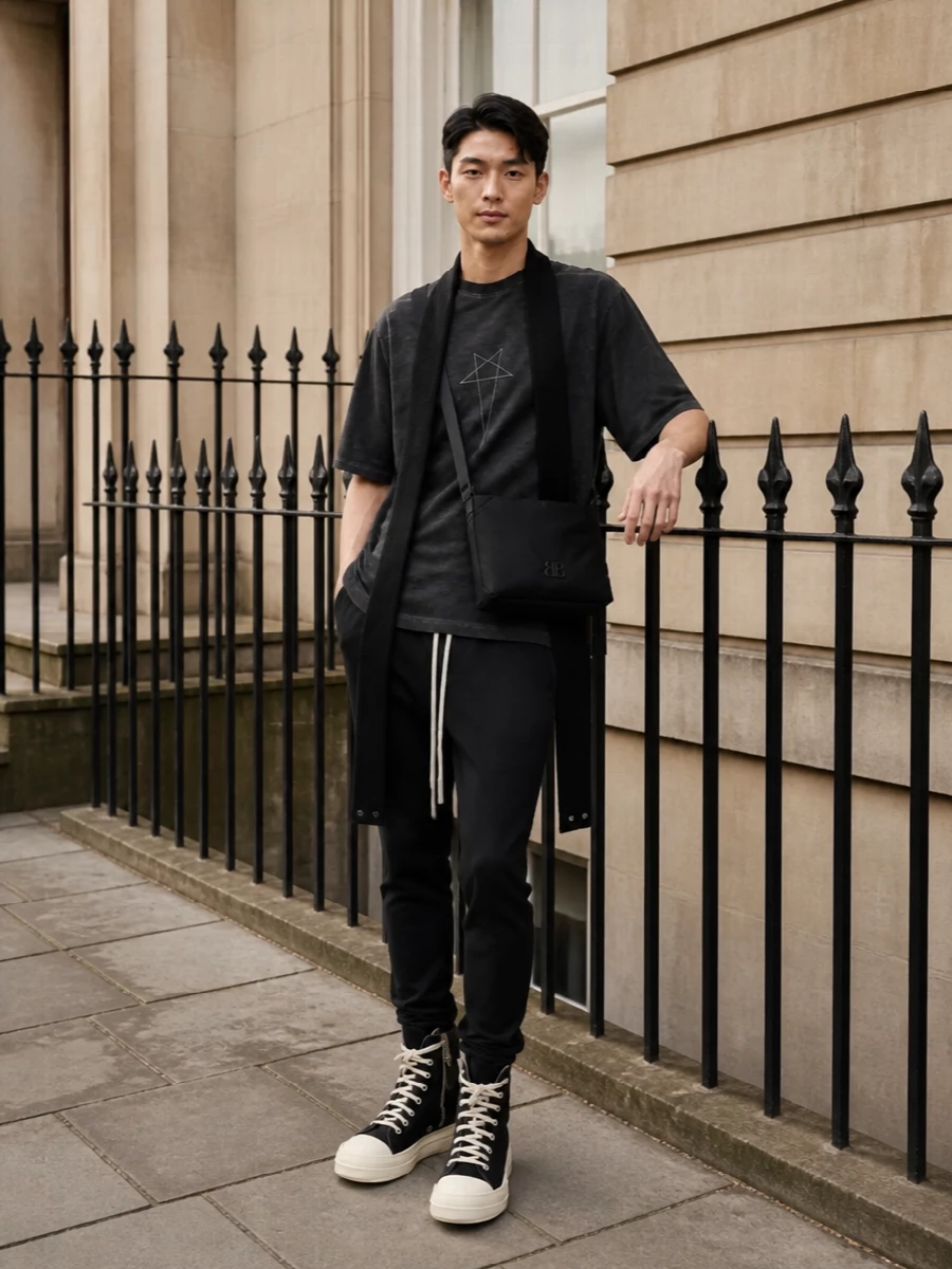 A washed charcoal Rick tee drops over tapered black drawstring pants for a lean, elongated take on monochrome streetwear. Chunky DRKSHDW high-tops echo the off-white drawcords, while a padded black shoulder bag and ultra-long scarf keep everything dark, graphic and quietly severe. The result is a clean, grunge-leaning Rick uniform that feels intentional but unfussy for city days and late nights alike.