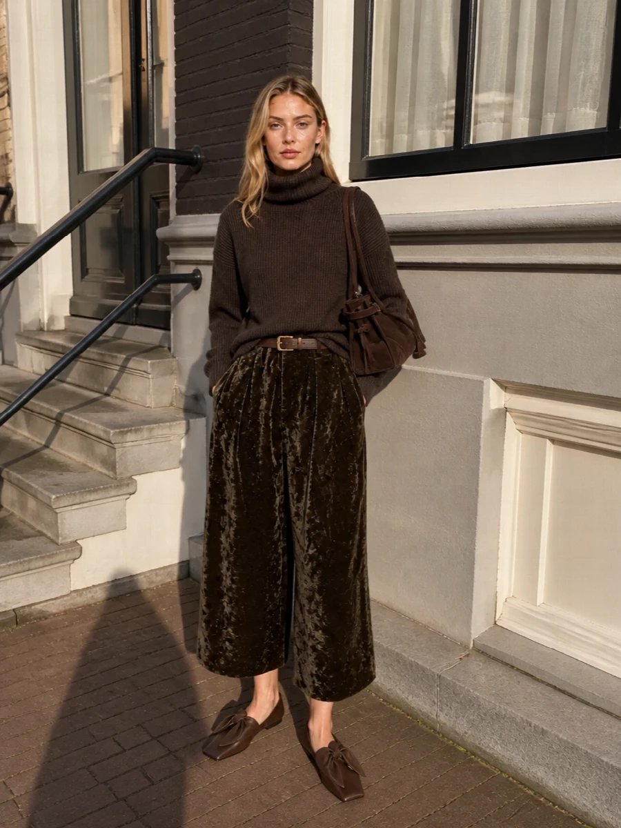 Rich, crushed velvet sits against a dense mocha rib, all held in place with a slim dark chocolate belt so the volume reads sculpted rather than slouchy. Sculptural square-toe flats keep the proportions grounded, while the structured chocolate shoulder bag adds just enough polish for quiet city evenings or gallery afternoons. The result is earthy, textural and restrained, with every brown sitting deliberately next to the next.