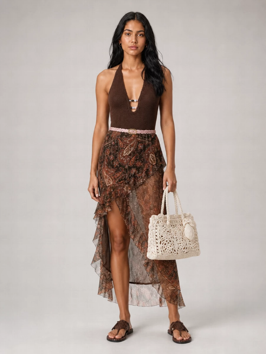 Hunza G Beaded Crinkle Halterneck One-Piece Swimsuit