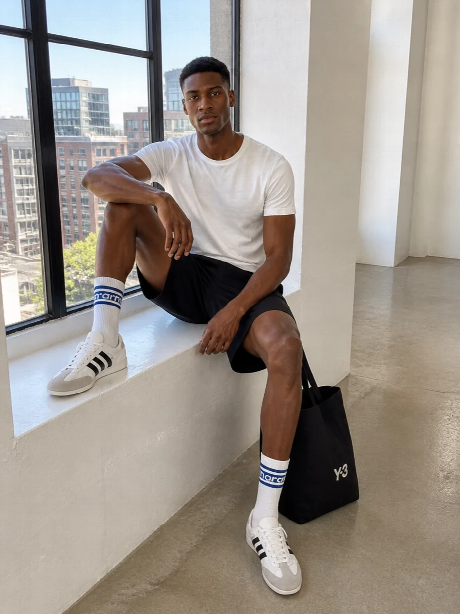 Y 3 white t shirt black tailored shorts outfit