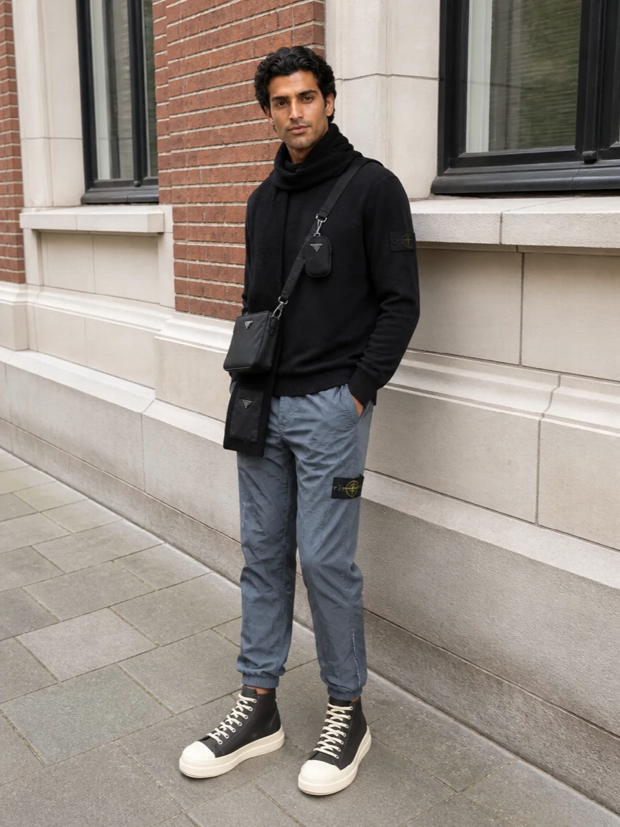 Charcoal on slate keeps this Stone Island knit and tech-jogger pairing firmly in that quiet, technical streetwear space. The sculpted Rick Owens sneakers ground the line and add just enough attitude, while the Prada crossbody and ribbed scarf bring polished utility that still feels built for real city movement.