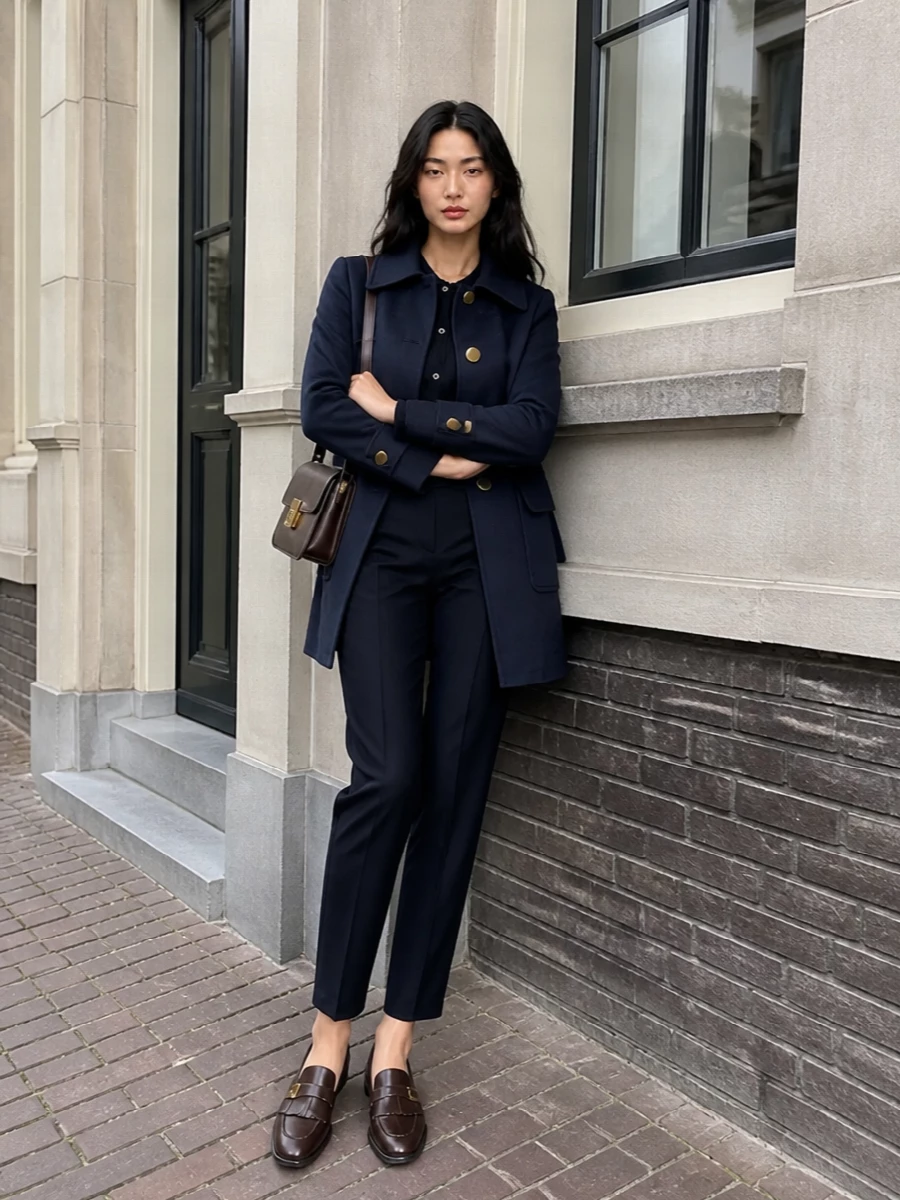 Parosh navy coat tailored trousers loafers