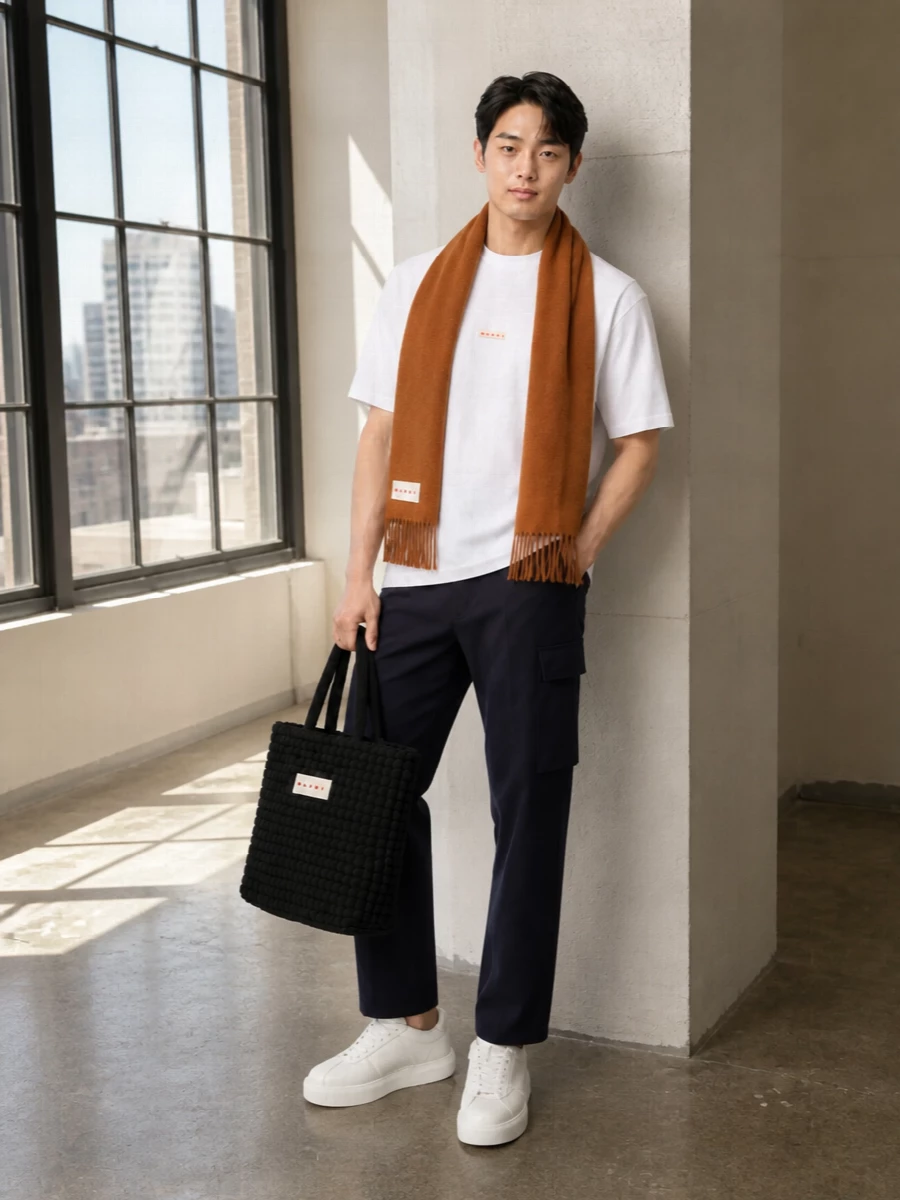 A crisp white Marni tee meets cropped navy twill trousers for a clean, street-leaning uniform that feels intentional rather than basic. Chunky white sneakers echo the tee’s clarity, while a black padded tote and caramel scarf bring quiet texture and depth to the palette. The result is relaxed, modern and distinctly Marni, ideal for city days where comfort still feels considered.