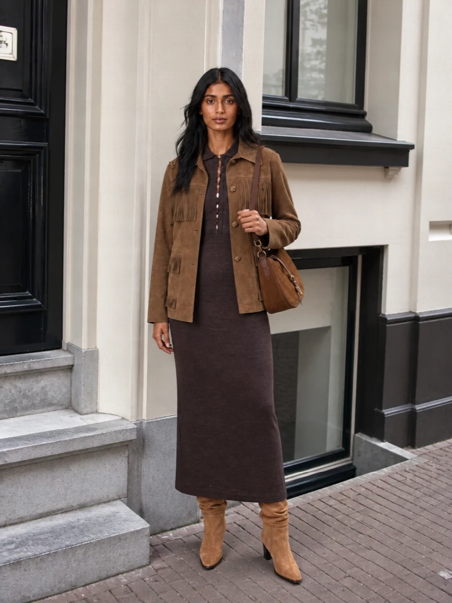 Ralph lauren suede jacket jacquemus knit dress