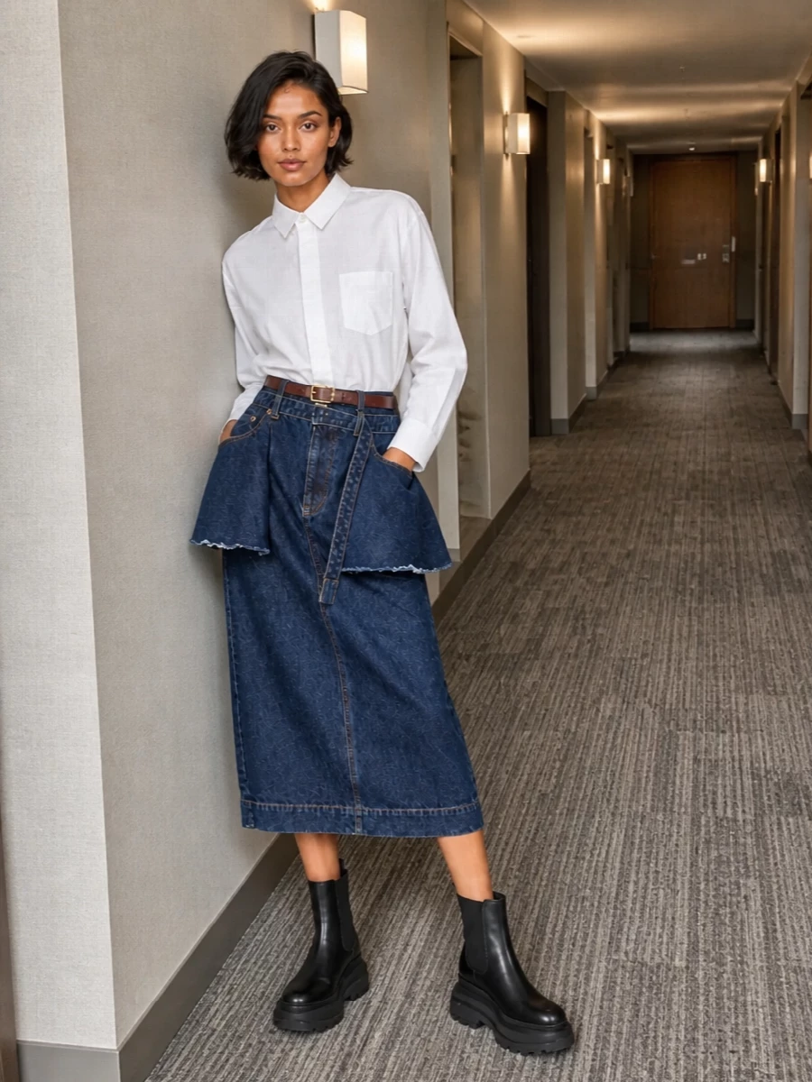 Sacai denim midi skirt white shirt boots