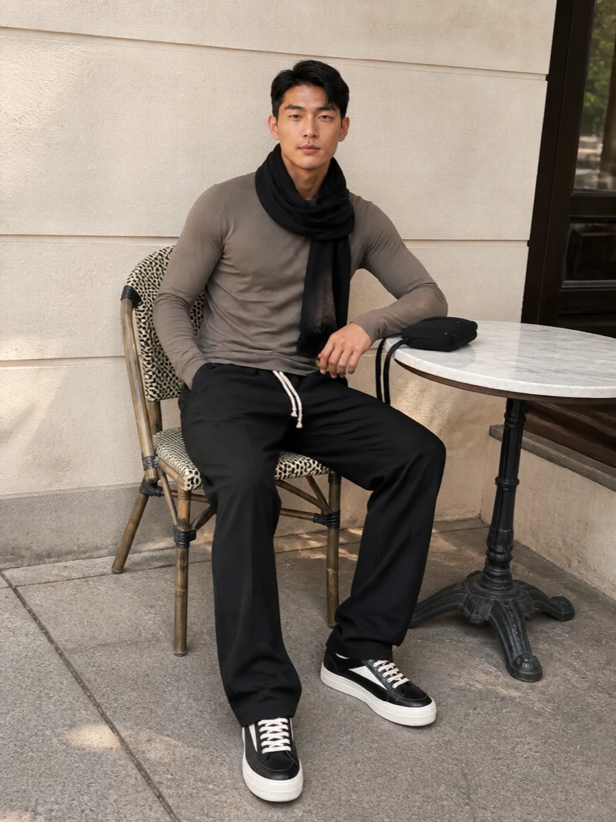 Rick owens taupe long sleeve black drawstring pants
