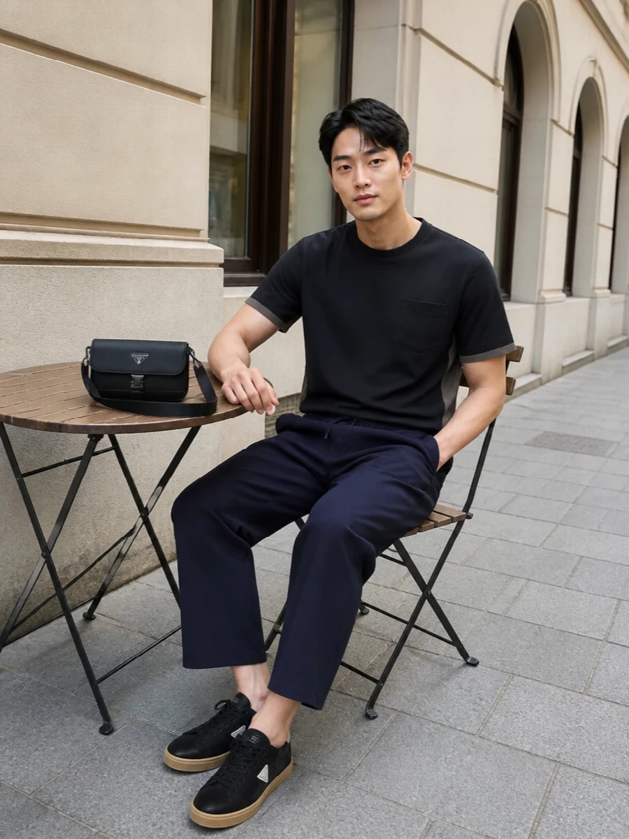 Sacai tee cropped trousers prada sneakers
