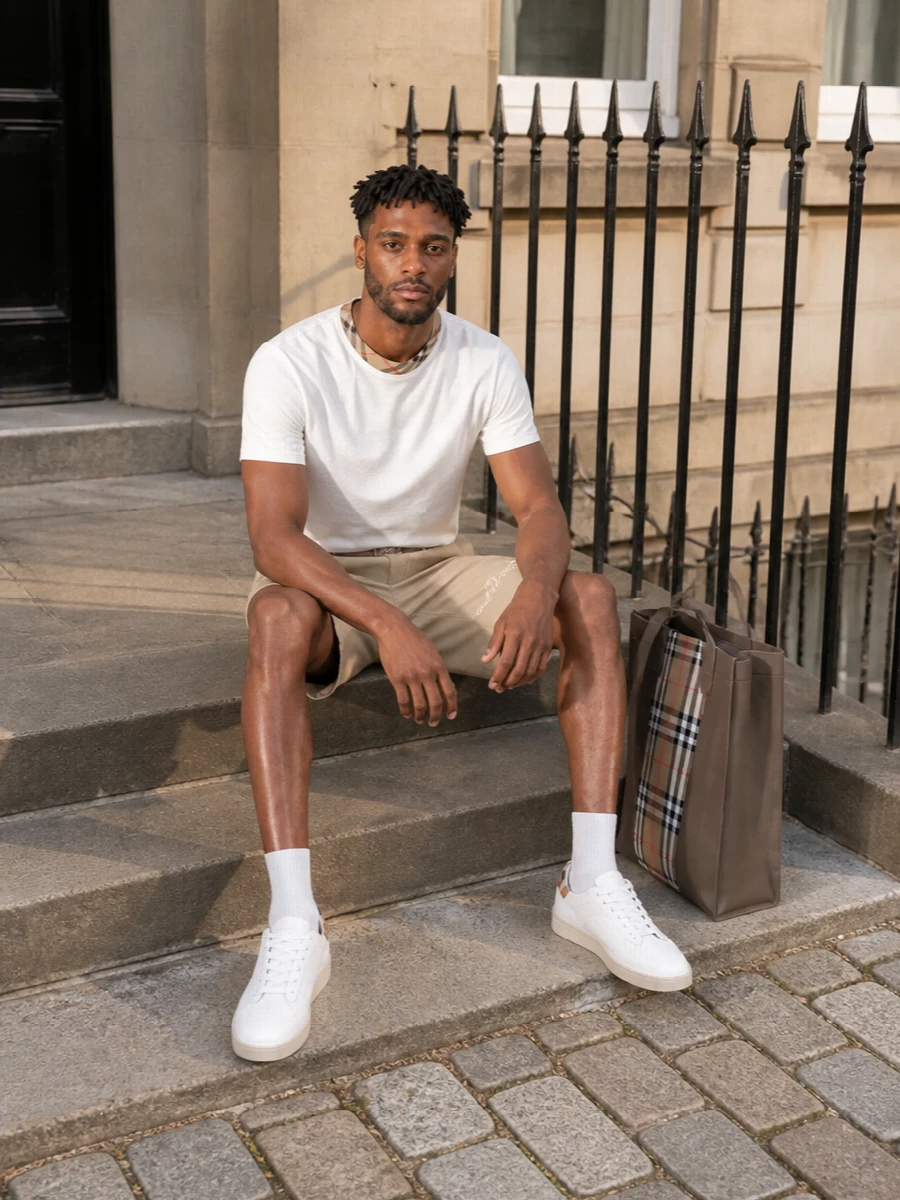 Burberry mens white tee beige chino shorts outfit