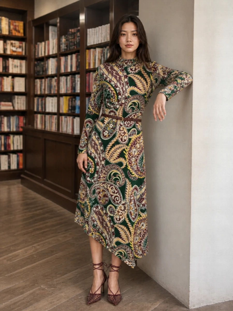 Etro paisley midi dress bottega bordeaux heels