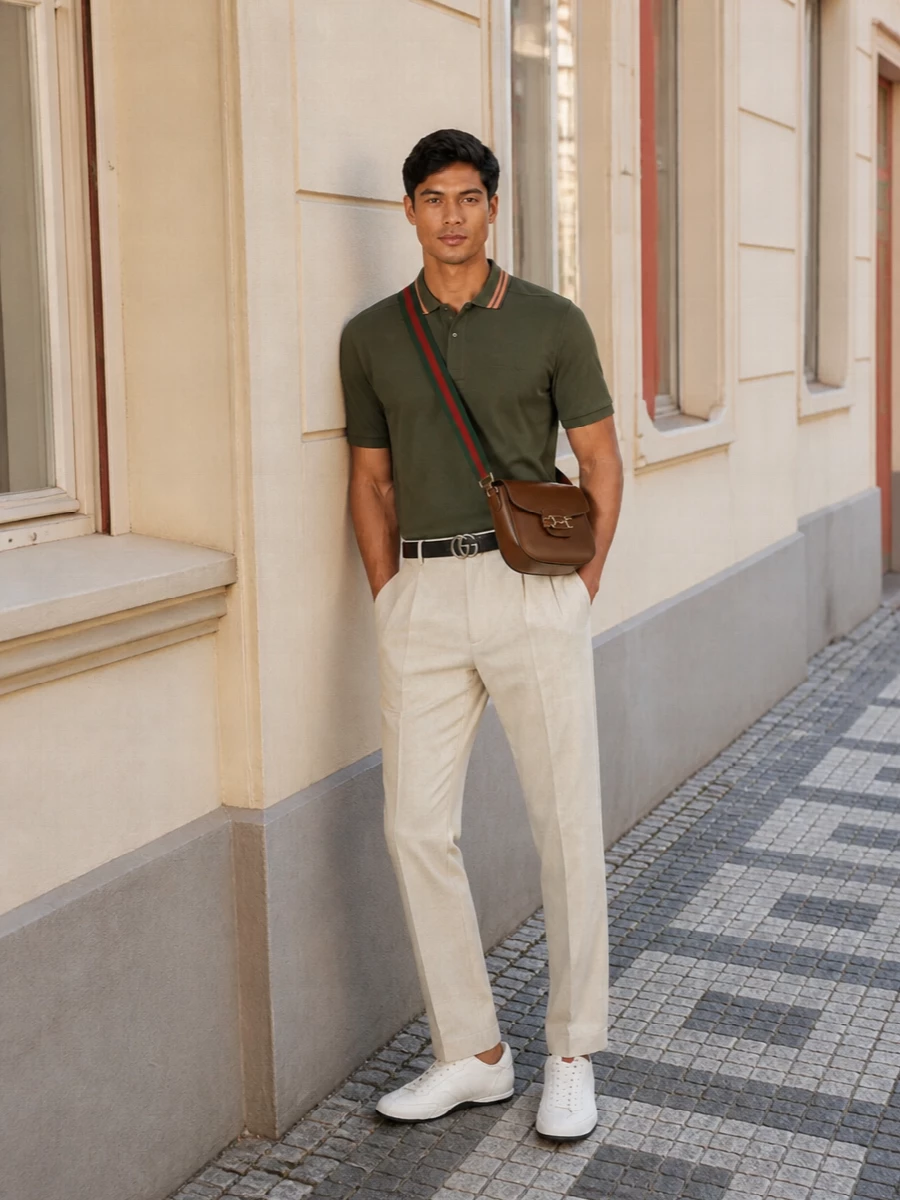 Gucci olive polo beige trousers sneakers