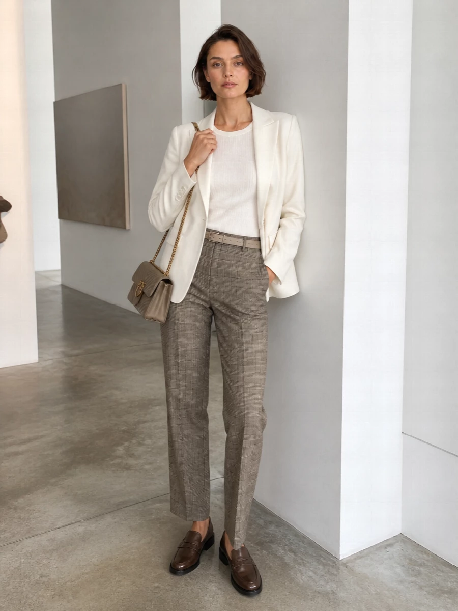 Pinko checked trousers ivory blazer tods loafers