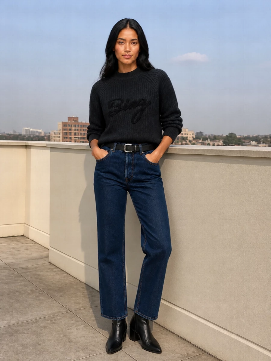 Dark indigo denim is grounded with a deep charcoal logo knit for a clean, tonal take on streetwear that still feels considered for the city. Sleek black ankle boots and a structured indigo tote sharpen the straight-leg silhouette, while a slim black belt adds subtle definition without breaking the minimal mood. The result is a quietly confident jeans outfit that moves easily from daytime errands to low-key dinners.