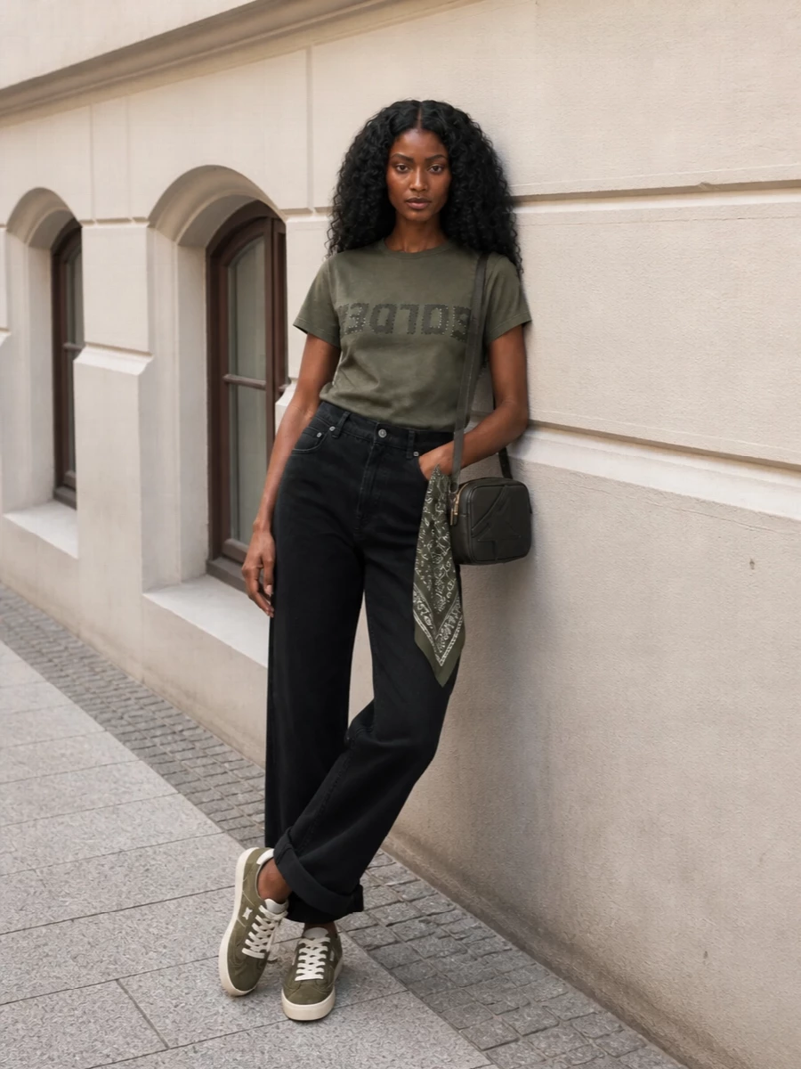 Washed olive, charcoal and black come together in a quietly graphic mix that feels relaxed but pulled together. The straight wide-leg denim grounds the tee with structure, while tonal suede sneakers and a compact leather camera bag keep the energy low-key and city ready. A charcoal bandana adds just enough attitude without stealing focus from the studded logo detail.