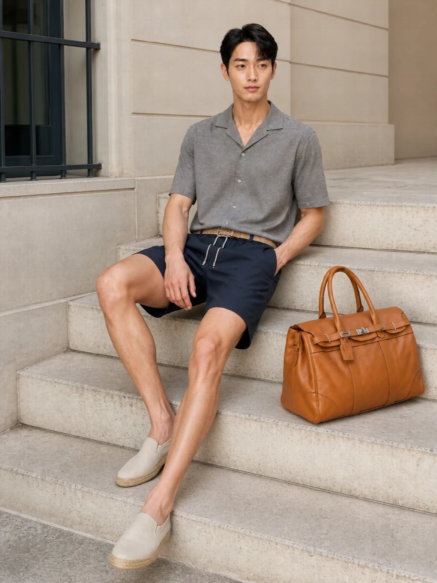 Mens navy swim shorts camp collar shirt outfit