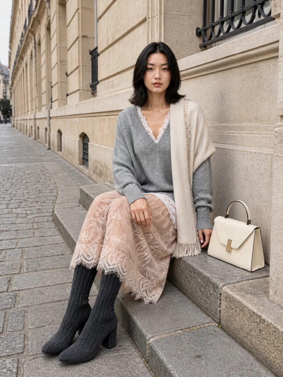 Ermanno scervino grey lace sweater midi skirt