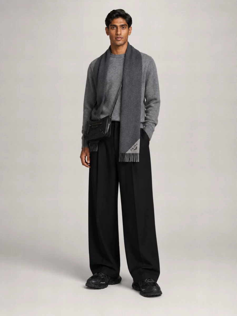 Heather grey and deep black keep this Balenciaga pairing calm and precise, with the high-waisted wide-leg trouser giving the knit a sharper, more architectural presence. Chunky technical sneakers and a slim leather crossbody underline the streetwear edge while staying firmly in a quiet, city-ready register. A charcoal scarf softens the top line and makes the whole combination feel considered for cold urban days.