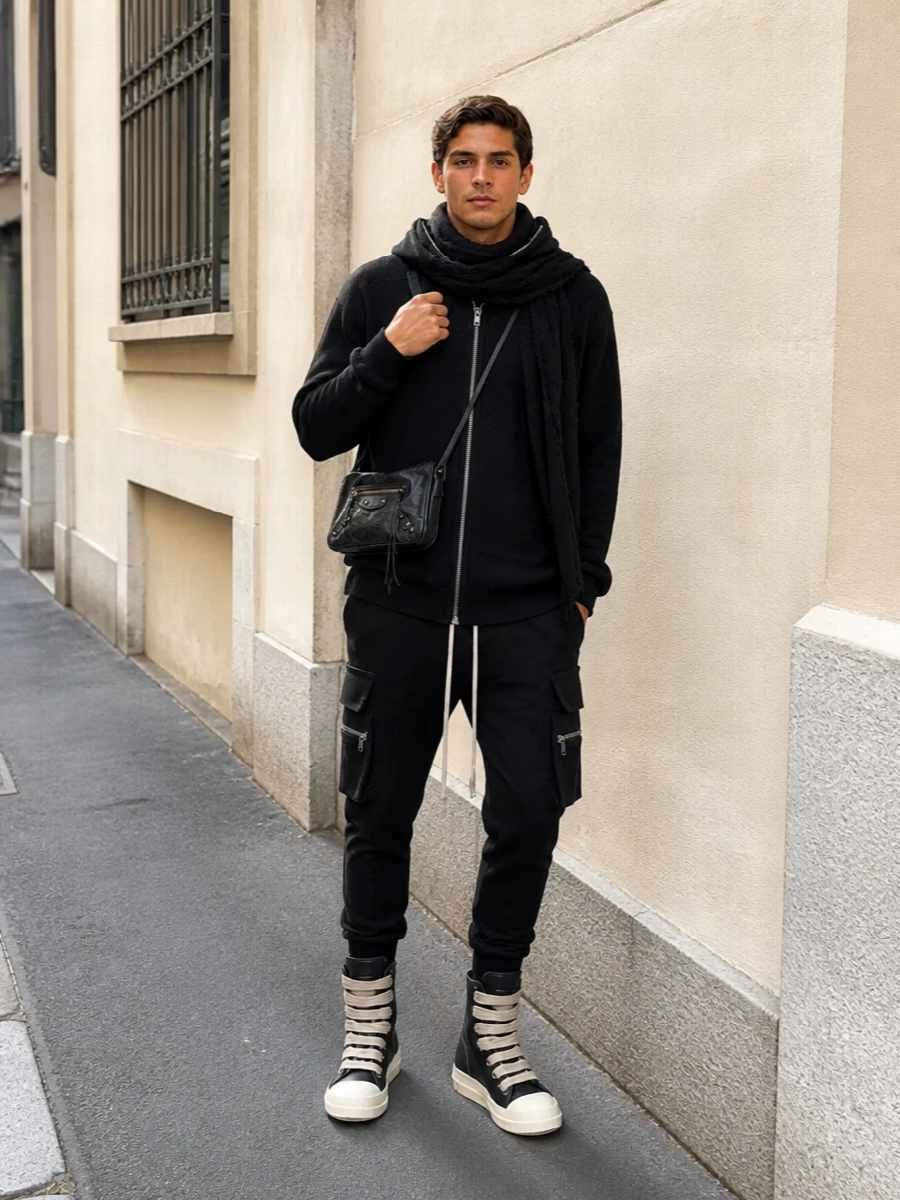 Rick owens black joggers hoodie high top outfit