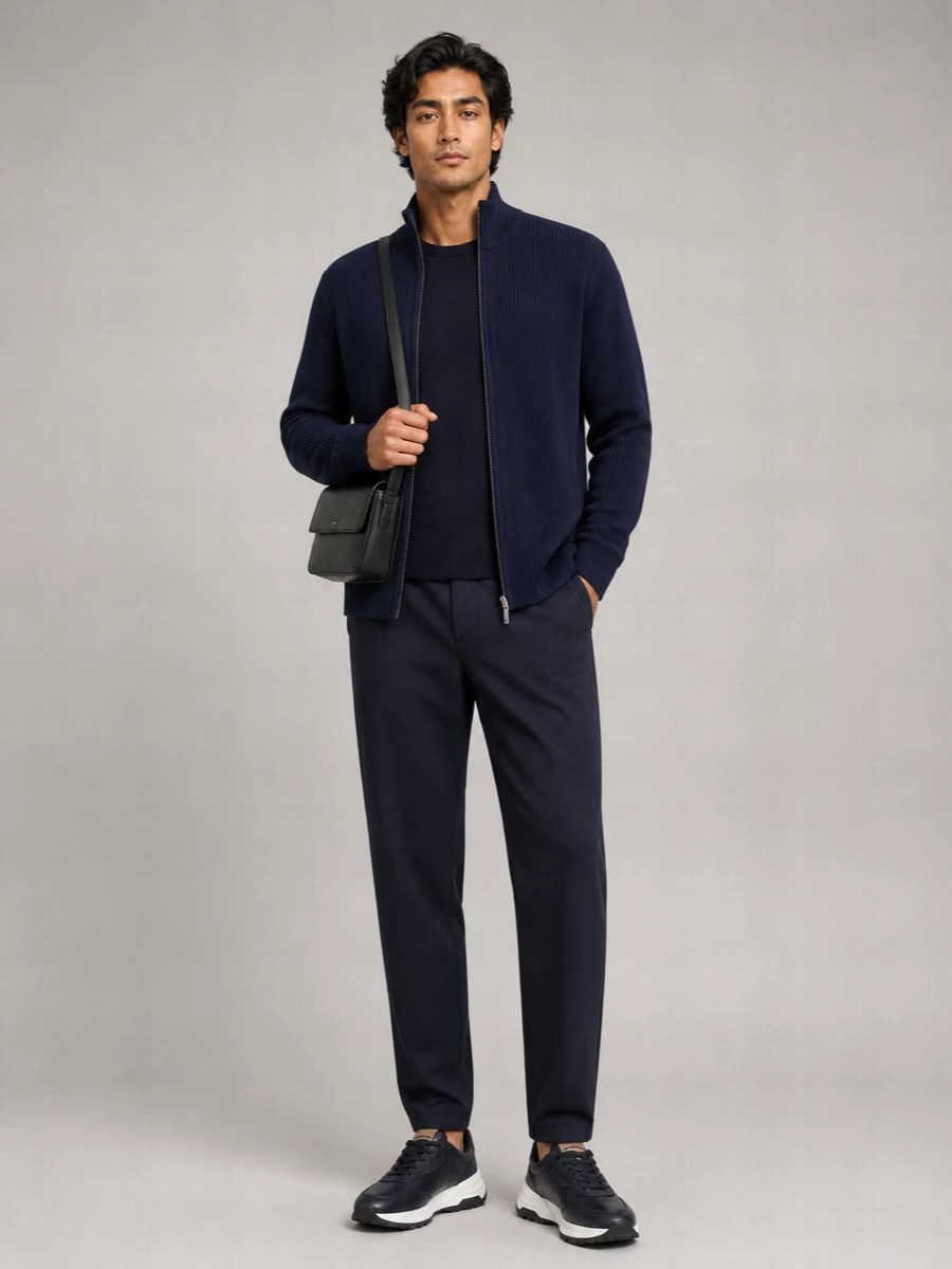 Emporio Armani Ribbed Knit High Neck Wool Zip Jacket