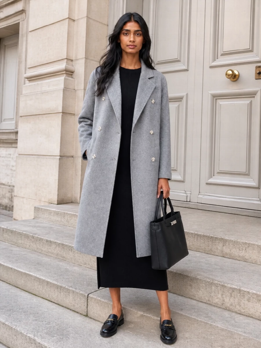 Loulou studio grey coat black knit dress loafers