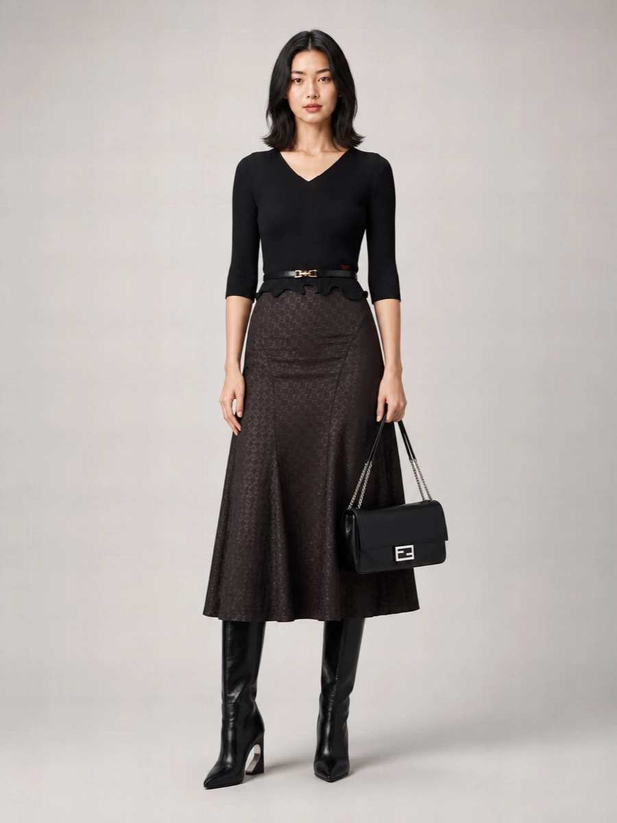 Fendi Virgin Wool Ribbed Fitted V-Neck Long-Sleeve Ruffled Top
