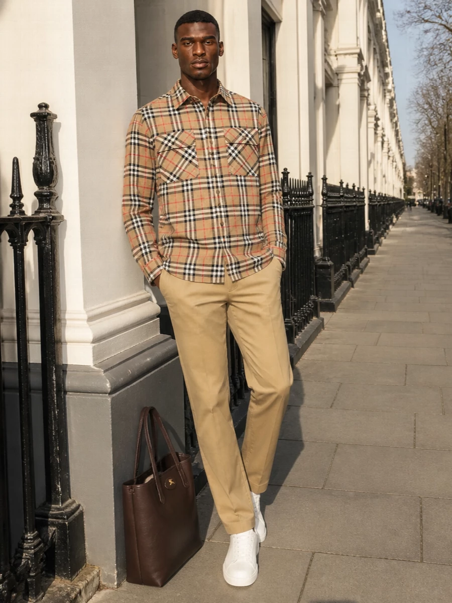 Burberry camel check shirt chinos white sneakers
