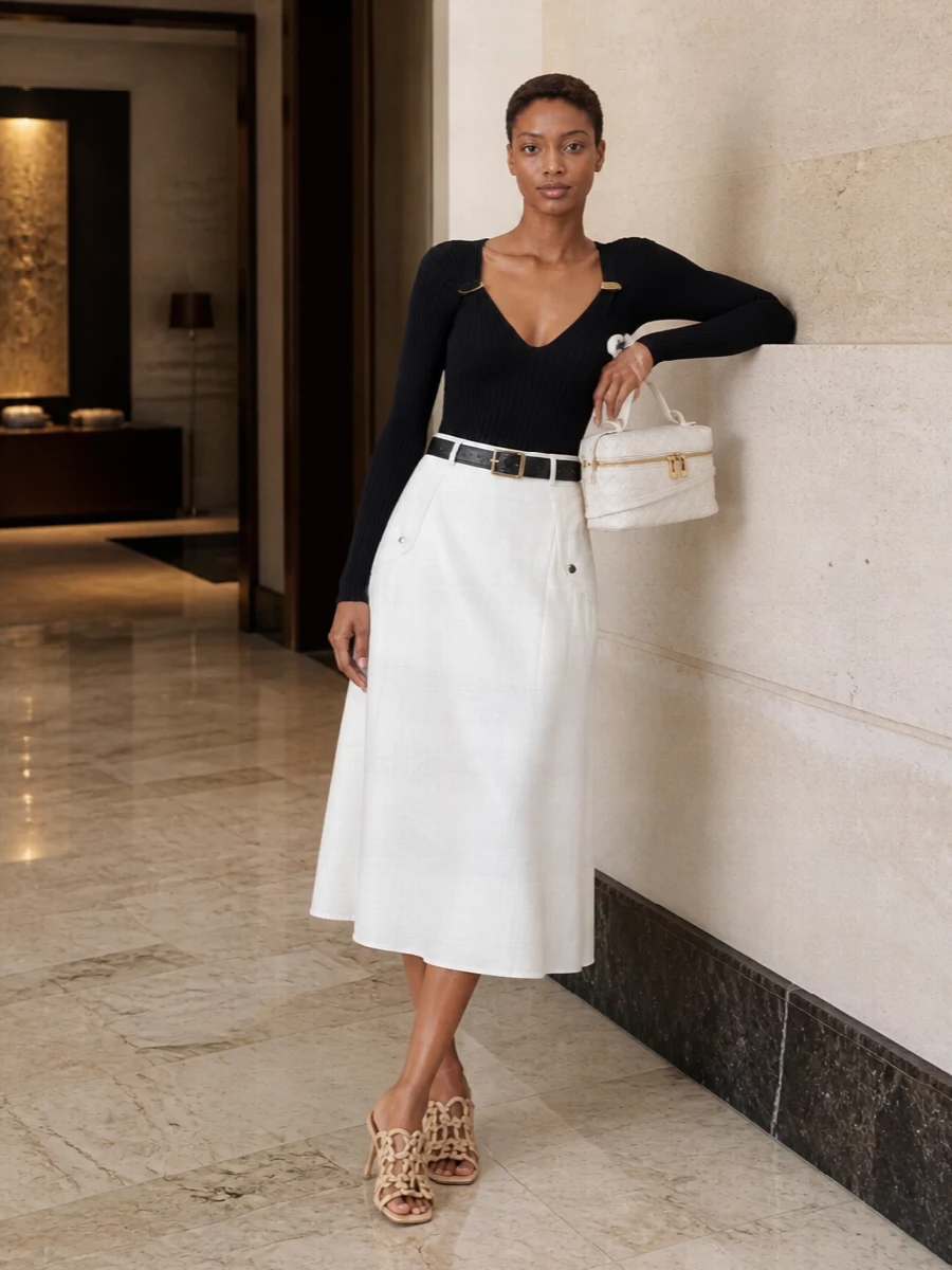 Bottega veneta black ribbed top ivory midi skirt