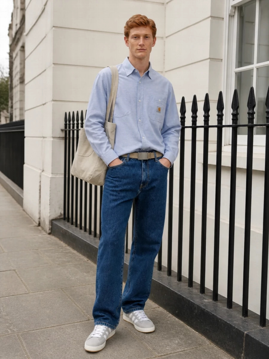 A relaxed workwear uniform built around mid-wash denim and a washed light-blue Carhartt shirt keeps things easy, graphic and quietly skate-leaning. Soft grey suede Adidas and a stone canvas tote pull the palette into cooler neutrals, while a sand webbing belt finishes it with subtle utility. The result is laid-back, city-ready and grounded without feeling heavy.