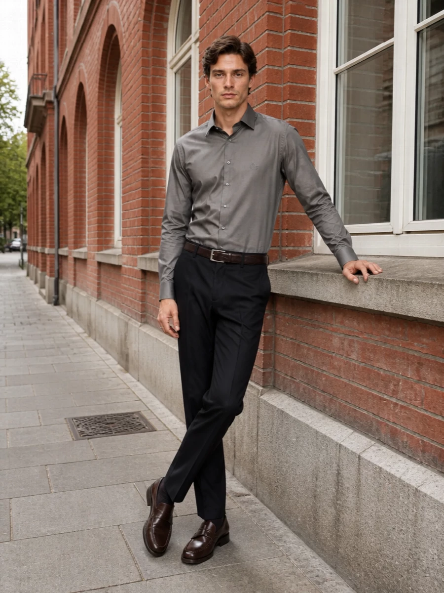 Etro trousers grey shirt paraboot loafers