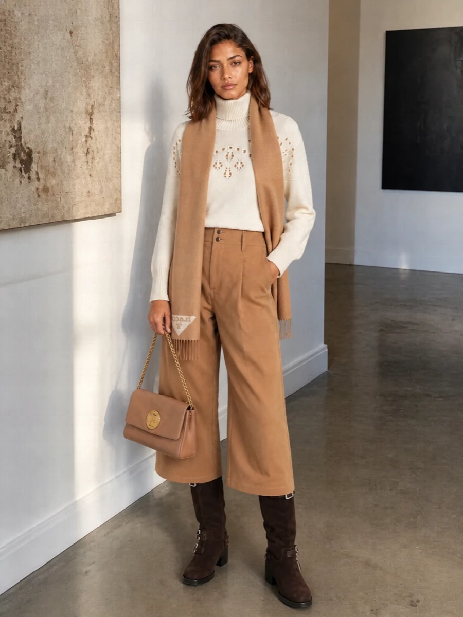 Chloe cream turtleneck camel wide leg trousers outfit